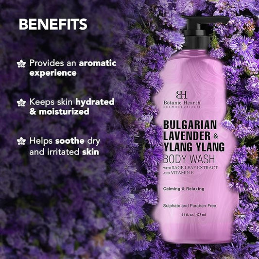 Botanic Hearth Bulgarian Lavender & Ylang Ylang Body Wash | Shower Gel | 16 Fl Oz With Vitamin E, Sage Leaf Extracts | Calming & Relaxing | Sulphate & Paraben Free