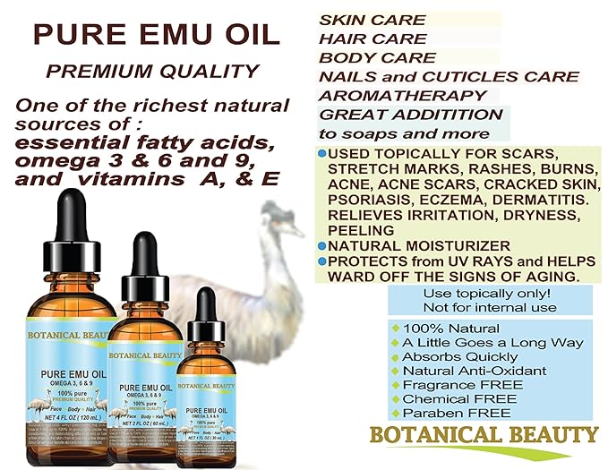 Botanical Beauty PURE EMU OIL 100% Natural Unrefined for Face, Skin, Body, Hands, Feet, Nails, Hair, Lip Care 2 Fl Oz - 60 ml