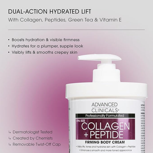 Advanced Clinicals Collagen Peptides Firming Body Lotion Face Cream + Collagen Body Oil Moisturizer 2PC Skin Care Set For Women & Men | Skin Tightening Dry Skin Moisturizing Cream & Massage Oil, 2PC