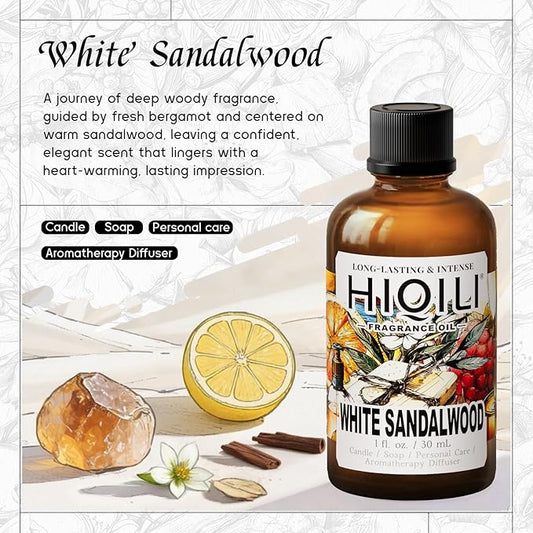 HIQILI White Sandalwood Fragrance Oil for Making Candle, Scented Home Decor, Room Spray, Skin & Body, Essential Oil Diffuser - 1 Fl Oz