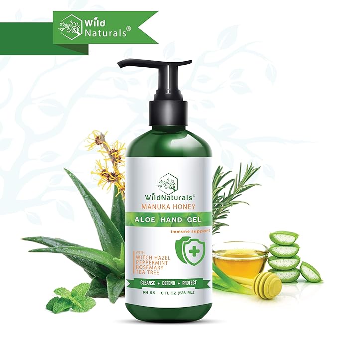 Pure Aloe Vera Gel Hand Cleaner - 100% Aloe Vera Gel Organic with Manuka Honey, Witch Hazel, Peppermint, Oregano, Rosemary, & Cleansing Tea Tree - Organic Waterless Purifying Wash