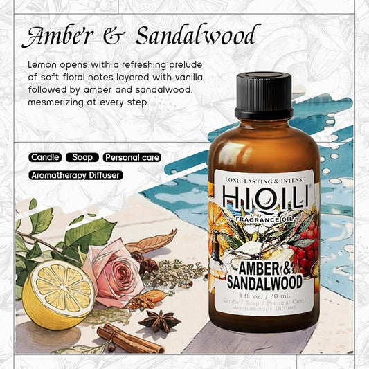 HIQILI Amber & Sandalwood Fragrance Oil for Diffuser, DIY Candle & Soap Making, Add to Body Lotion, Long-Lasting Scents - 1 Fl Oz
