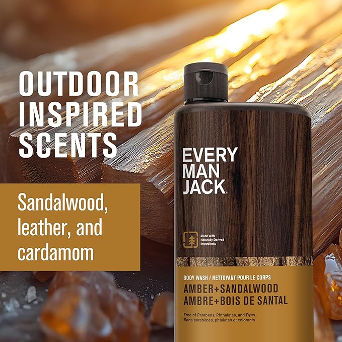 Every Man Jack Amber+Sandalwood Hydrating Mens Body Wash for All Skin Types-Cleanse, Nourish, and Hydrate Skin with Naturally Derived Ingredients-Paraben Free, Phthalate Free, Dye Free-24oz(Pack of 2)