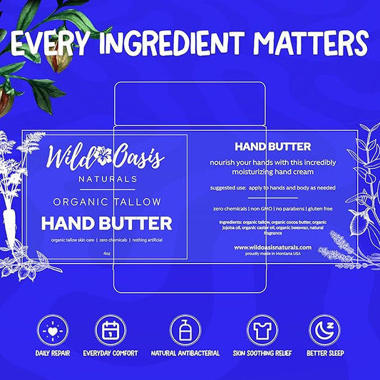 Organic Beef Tallow Hand Butter Cream – Hand Cream with Honey & Shea Butter, Moisturizing Cream, Grass Fed Beef Tallow, Natural Hand Moisturizer for Dry Skin, 4oz