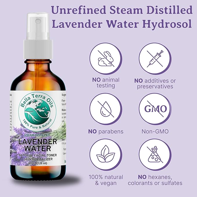 Bella Terra Oils Premium Lavender Water Hydrosol – 1 gallon, Steam Distilled, Refreshing Skin Tonic, Soothing Aroma, Hydrating for Skin
