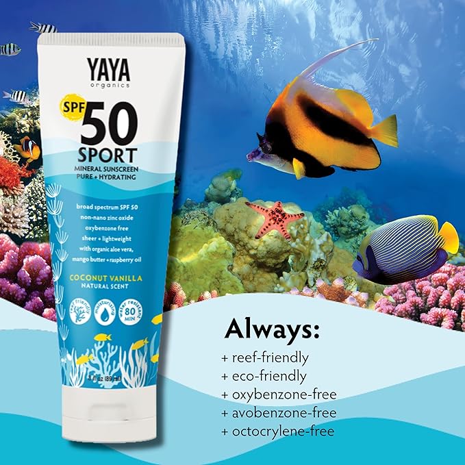 YAYA ORGANICS Sport Mineral Sunscreen Lotion, SPF 50, Reef-Friendly, Non-Nano Zinc Oxide, Water-Resistant, Pure + Hydrating, 3 oz