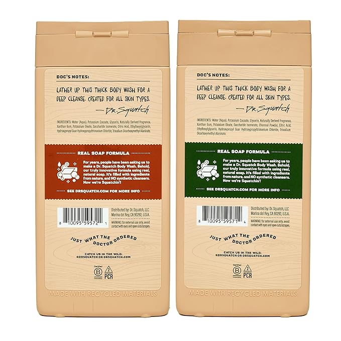 Dr. Squatch NEW Body Wash for Men with Nourishing, Natural Ingredients | No Paraben, Phthalate, Sulfate | All Day Moisture | Long Lasting Scent | Wood Barrel Bourbon & Pine Tar (14 oz, 2-Pack)