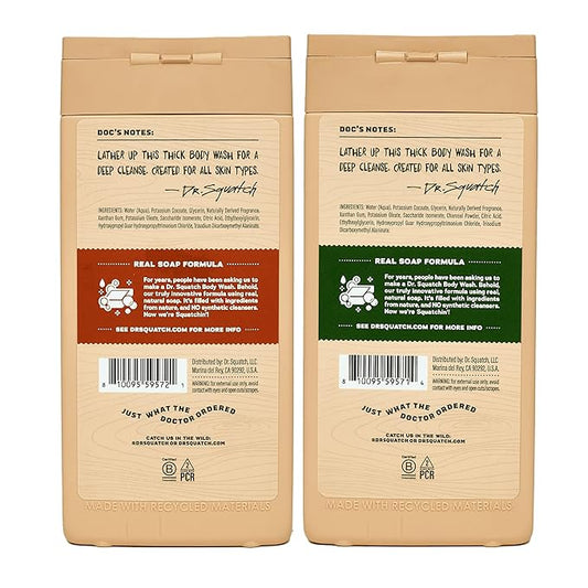 Dr. Squatch NEW Body Wash for Men with Nourishing, Natural Ingredients | No Paraben, Phthalate, Sulfate | All Day Moisture | Long Lasting Scent | Wood Barrel Bourbon & Pine Tar (14 oz, 2-Pack)