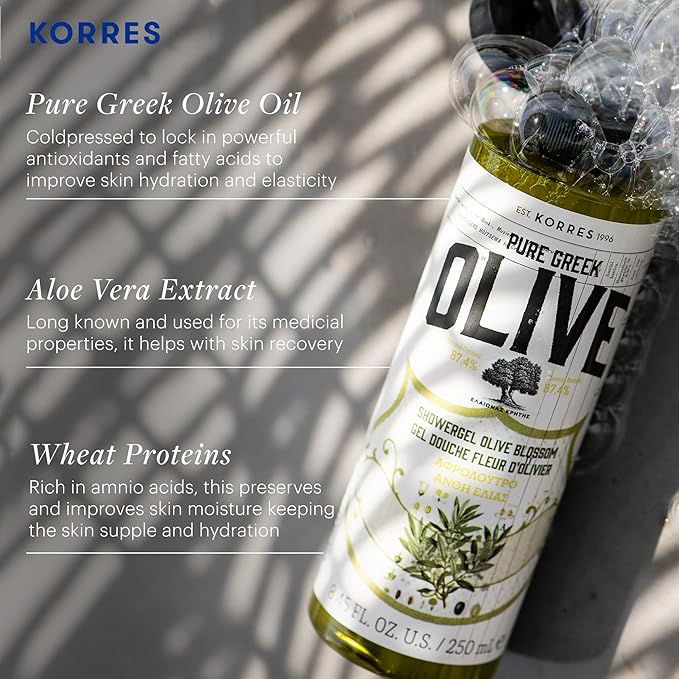 KORRES Shower Gel for Dry Skin, Moisturizing Body Wash Cleanser Made with Pure Greek Olive Oil, Hydrating and Nourishing Bath Soap for Smooth, Supple Skin, Olive Blossom Scented, 8.45 fl oz