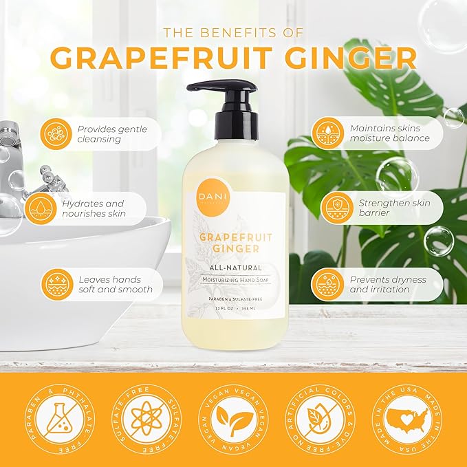 Naturals Moisturizing Hand Soap – Grapefruit Ginger Scent, Hydrating, Sulfate-Free & Paraben-Free, 12 Oz Bottle with Pump, Gentle Cleansing for Dry Skin