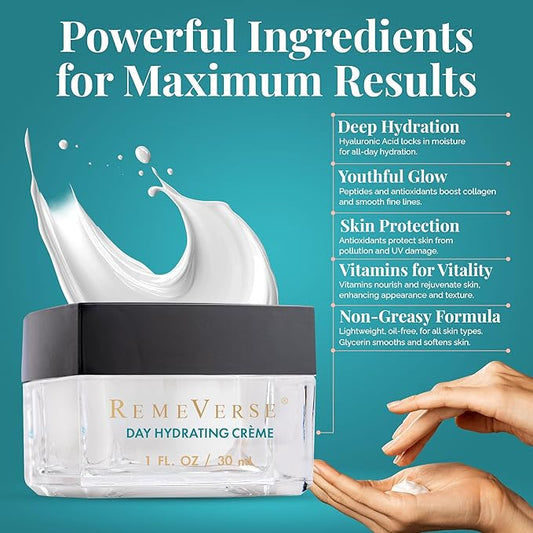 RemeVerse Day Hydrating Crème - Skin-Renewing Face Moisturizer for Women & Men, Hydrating Formula with Hyaluronic Acid, Peptides, Collagen & Glycerin for All Skin Types - Nourishing Facial Cream