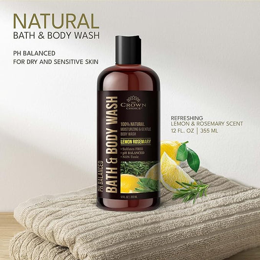 Natural Body Wash for Women, Men & Kids - Organic Lemon Rosemary - 12oz pH 5.5-Best pH Balance-Liquid Soap for All Skin Types-Moisturizing Sulfate & Chemical Free Shower / Bath Liquid Gel (1 PK)