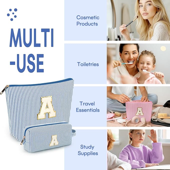 2 PCS Initial Makeup Bags for Women: Cosmetic Bag for Travel Toiletry - Birthday Gifts for 11 12 13 14 15 16 17 18 Years Old Girl Graduation Teacher Gift- Teen Girl Gifts Trendy Stuff - Blue T