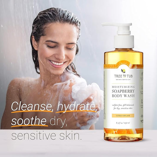 Tree to Tub Citrus Body Wash for Dry Skin & Sensitive Skin - pH Balanced Moisturizing Body Wash, Hydrating Sulfate Free Body Soap for Women & Men w/Organic Shea Butter, Aloe Vera, Natural Soapberry