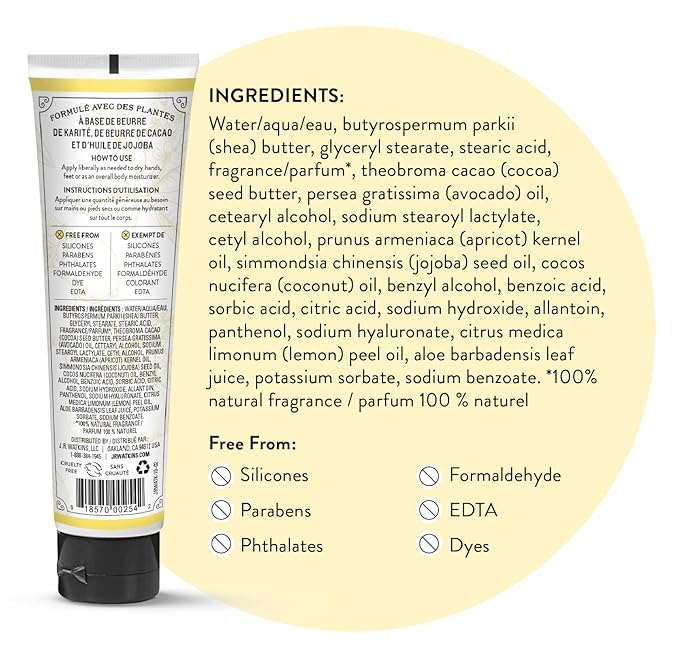 J.R. Watkins Natural Moisturizing Hand Cream, Hydrating Hand Moisturizer with Shea Butter, Cocoa Butter, and Avocado Oil, USA Made and Cruelty Free, 3.3oz, Lemon Cream, Single