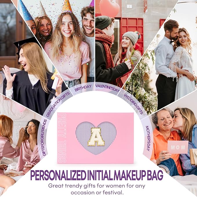 2 PCS Initial Makeup Bags for Women: Cosmetic Bag for Travel Toiletry - Birthday Gifts for 11 12 13 14 15 16 17 18 Years Old Girl Graduation Teacher Gift- Teen Girl Gifts Trendy Stuff - Purple H