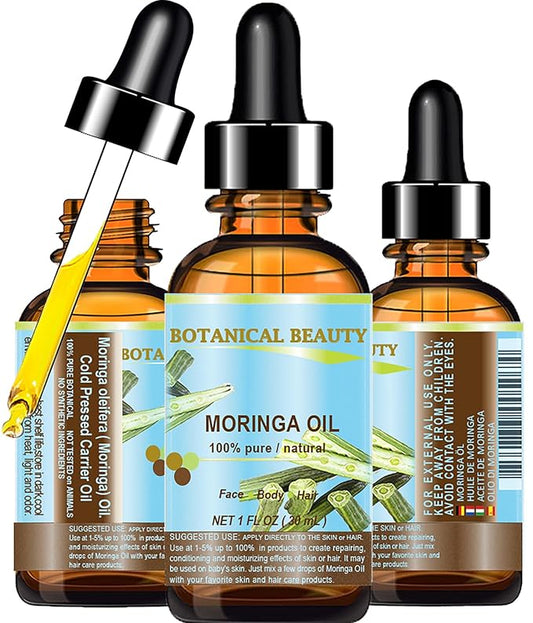 Botanical Beauty‎ Moringa Oil 100% Pure Natural Undiluted Cold Pressed Carrier Oil. 1 Fl.oz.- 30 ml. for Face Skin, Hair, Lips, Nails. Rich in Vitamin C, Vitamin E