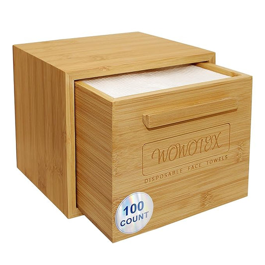 Luxe Bamboo Towel Container (Bamboo Box Towel Holder) with Disposable Face Towels Biodegradable Large Dry Wipes 100 Count Extra Thick Soft Clean Facial Towels for Facial Cleansing