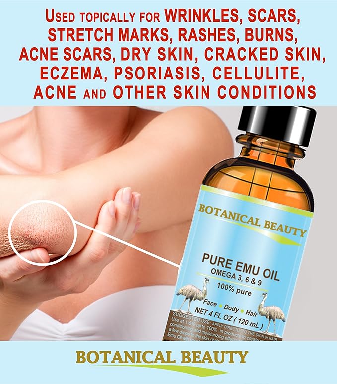 Botanical Beauty PURE EMU OIL 100% Natural Unrefined for Face, Skin, Body, Hands, Feet, Nails, Hair, Lip Care 2 Fl Oz - 60 ml