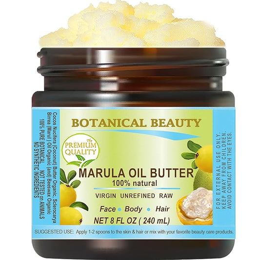 Botanical Beauty MARULA OIL BUTTER RAW VIRGIN UNREFINED for Face, Body, Hair, Lip, Nails, Dry Skin, Cracked Hands, Rosacea, Eczema, Rashes, Itchiness, Redness, Anti-Aging (8 Fl Oz)