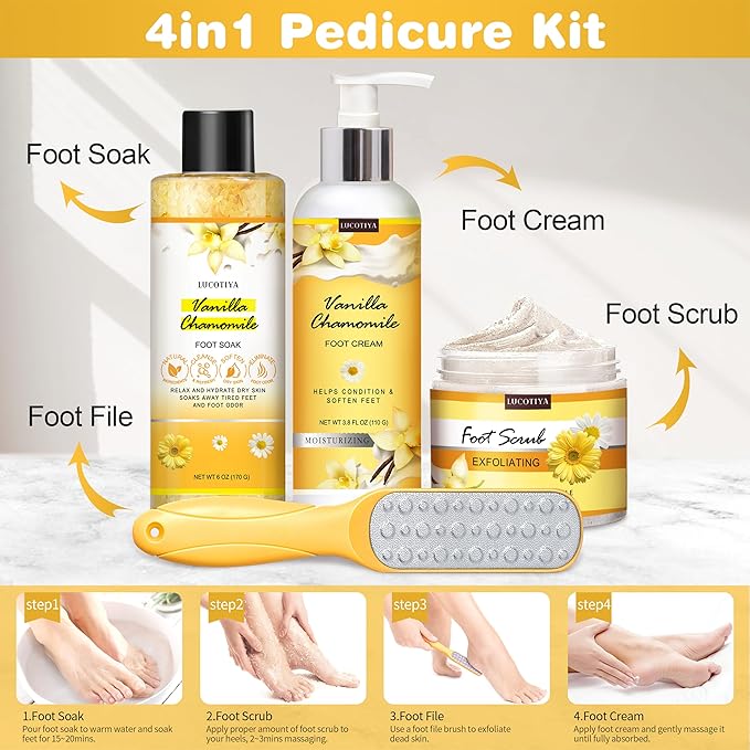 LUCOTIYA Foot Soak Set Pedicure Kit, Vanilla chamomile Foot Soak Salts,Foot File,Foot Scrub & Urea Foot Cream,Pedicure Supplies for Dry Cracked Feet for Women