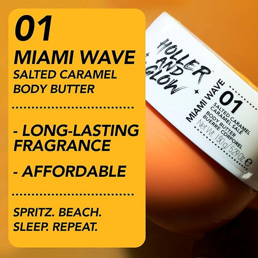 Holler and Glow Miami Wave Salted Caramel Body Butter, Body Butter For Women, Smells Good, Body Lotion For Extremely Dry Skin, Moisturizing, Nourishing, Shea Butter, Coconut, Vanilla Scented, 5.29 Oz