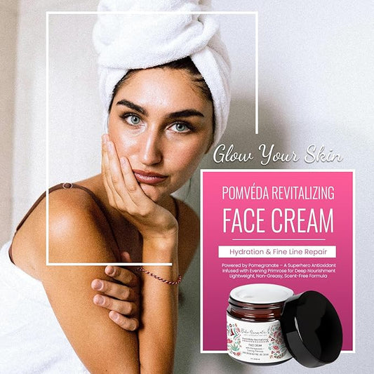 Hydrating Face Cream with Pomegranate – Lightweight, Scent-Free, Ayurvedic Plant-Based Facial Moisturizer with Nourishing Botanical Ingredients – Natural Skincare, PomVéda glass jar