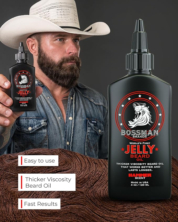 Bossman Jelly Beard Oil for Men (4 oz, Hammer Scent) – Softens, Moisturizes & Conditions with Natural Ingredients