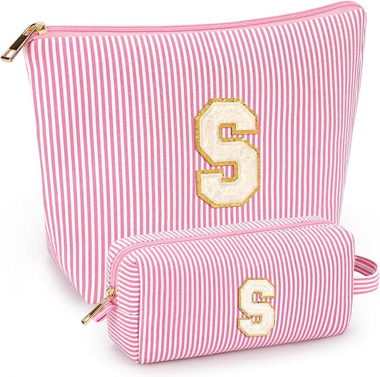2 PCS Initial Makeup Bags for Women: Cosmetic Bag for Travel Toiletry - Birthday Gifts for 11 12 13 14 15 16 17 18 Years Old Girl Graduation Teacher Gift- Teen Girl Gifts Trendy Stuff - Pink S
