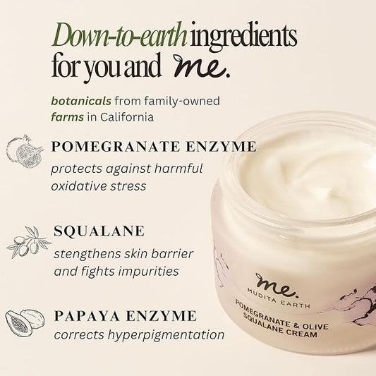 Mudita Earth Squalane Face Cream – 1.7oz | Dermatologist-Tested, Rich Moisturizer for Aging & Dry Skin | Hyaluronic Acid, Pomegranate & Olive, Vegan Caviar for Wrinkles, Dark Spots & Hyperpigmentation