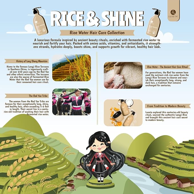 Luseta Rice Water Shampoo and conditioner Set Strengthening & Nourishing Revitalizes Shine for All Hair Types Hydrating & Frizz Control for Women and Men 33.8oz*2