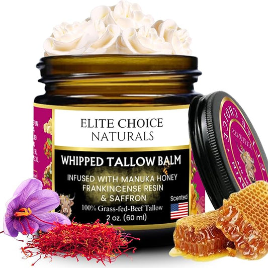 Whipped Tallow Balm with Raw Manuka Honey & Frankincense – Organic Anti-Aging Face, Neck & Décolleté Cream– Boosts Collagen, Reduces Wrinkles, Fine Lines, Pigmentation, Puffiness & Sunburn (2 oz)