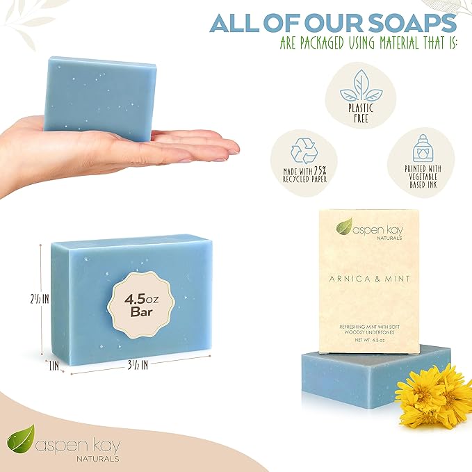 Aspen Kay Naturals Arnica Soap. With Organic Shea Butter, Arnica Oil & Pure Essential Oils. All Skin Types. Made in the USA. 4.5 oz Bar