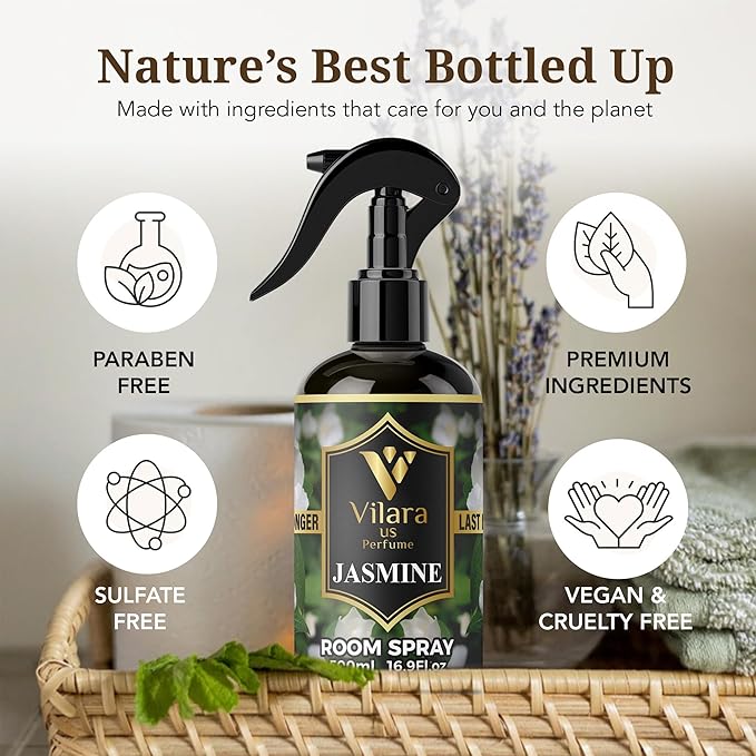 Room Spray Air Freshener Odor Eliminator Spray for Home, Bathroom & Office Long Lasting Floral Mist Deodorizer, Non Toxic Natural Air Spray for Bedding, Fabric & Furniture, 500 ml,16.9 fl oz (Jasmine)