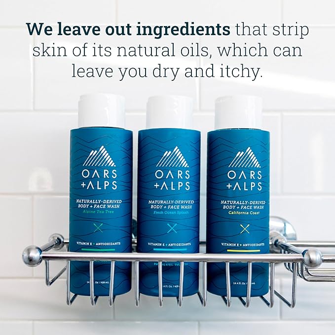 Oars + Alps Men's Moisturizing Body and Face Wash, Skin Care Infused with Vitamin E and Antioxidants, Sulfate Free, California Coast, 3 Pack