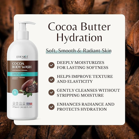 Cocoa Butter Body Wash, Cleanses, Hydrates & Nourishes, Deep Moisturizing Shower Gel for Dry and Sensitive Skin, Women & Men, Organic & Natural, 16 fl oz, 2-Pack