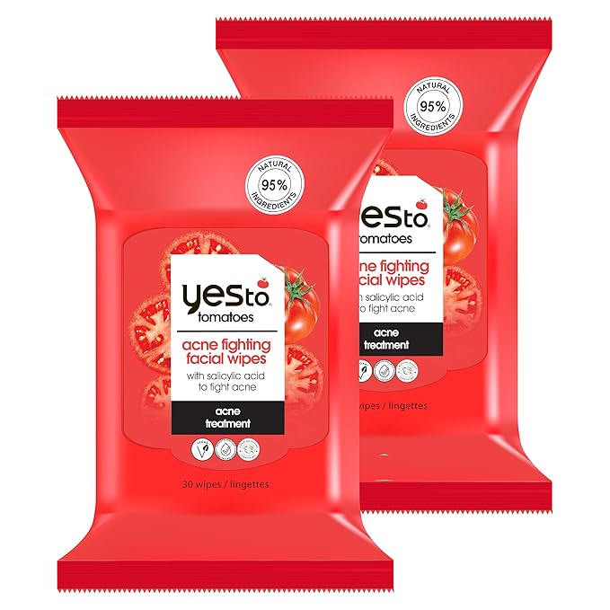 Yes To Tomatoes Clear Skin Acne Fighting Facial Wipes, Acne Prone Skin + Helps Control Oil + Salicylic Acid + 95% Natural Ingredients, 30 Count (Pack of 2)
