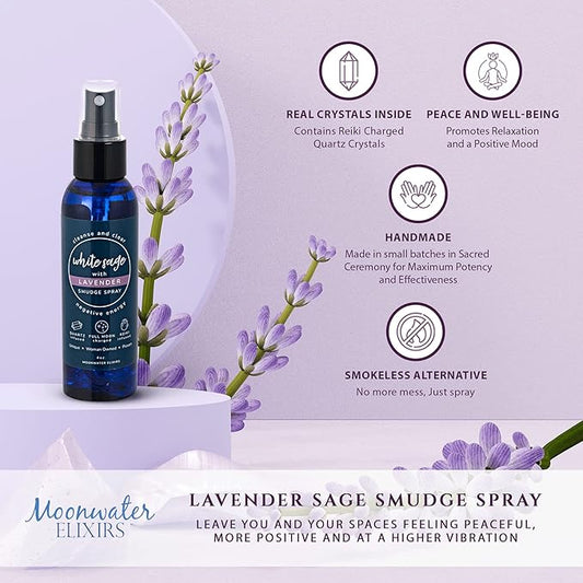 White Sage Smudge Spray for Spiritual Cleansing & Aura Protection, Sage & Lavender Smudging - Cleansing Negative Energy & Protection, Clear Quartz Reiki Energized Aromatherapy Room Mist - 8oz