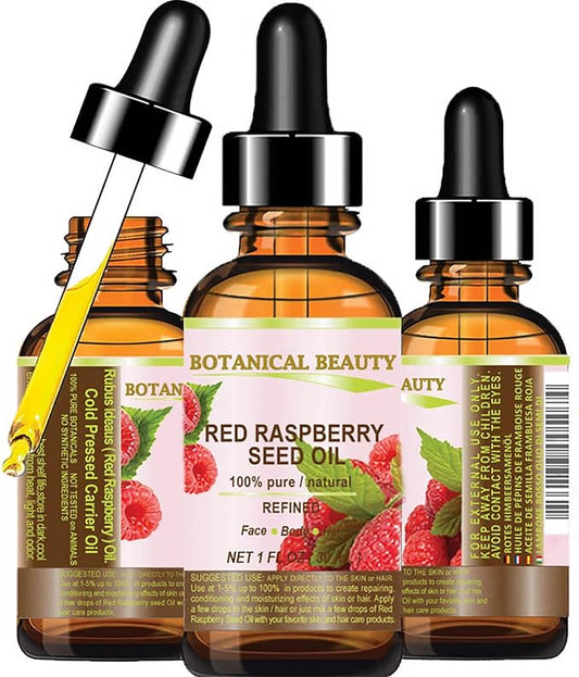 Botanical Beauty Red Raspberry Seed Oil 100% Pure Natural Undiluted Refined Cold Pressed Carrier Oil for Face, Skin, Hair, Lips, Nails. Rich in Vitamin C, Vitamin E (1 Fl Oz)