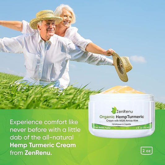 Zenrenu Organic Hemp Turmeric Joints & Muscle Cream with Arnica, MSM, Hemp Oil Extract, & 7 Essential Oils - Non Greasy & Fast Absorbing for Back, Neck, Elbows, Knees, & Hip 2 oz