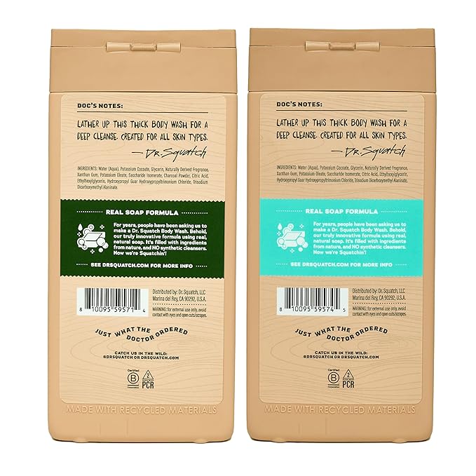 Dr. Squatch NEW Body Wash for Men with Nourishing, Natural Ingredients | No Paraben, Phthalate, Sulfate | All Day Moisture | Long Lasting Scent | Pine Tar & Coconut Castaway (14 oz, 2-Pack)