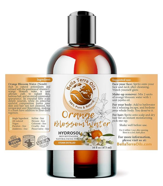 Bella Terra Oils - Organic Neroli Water 16oz - Refreshing Orange Blossom Mist, Naturally Distilled & Rich in Botanical Essence