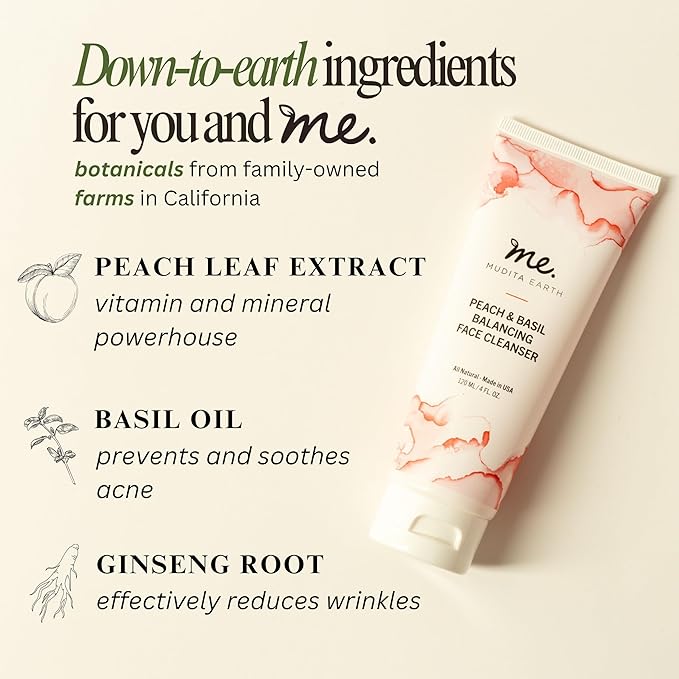 Mudita Earth Vitamin C Cleanser – 4 fl oz | Peach & Basil Balancing Face Wash | Gentle Sulfate-Free Cleanser for Sensitive, Oily & Acne-Prone Skin, Lactic Acid Polish
