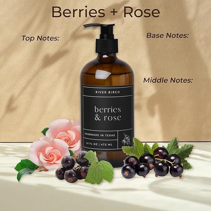 River Birch Berries & Rose Scented Natural Hand Soap - Handmade Soap - Moisturizing Hand Wash with Amber Dispenser - Luxury Scented Hydrating Hand Soap - Vegan and Non Toxic - 16 Fl Oz