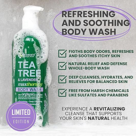 Tea Tree & Lavender Body Wash MaxTherapy, Itchy Skin Relief, Fights Body Odor, Soothes Jock Itch, Athlete's Foot, Ringworm & Sensitive Skin, Men & Women, 2-Pack, Limited Edition