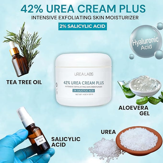 | 42% Urea Cream + 2% Salicylic Acid – Maximum Strength Foot & Skin Repair | Deep Exfoliation & Hydration for Cracked Heels, Dry Feet, Rough Skin & Callus Removal (4 Oz)