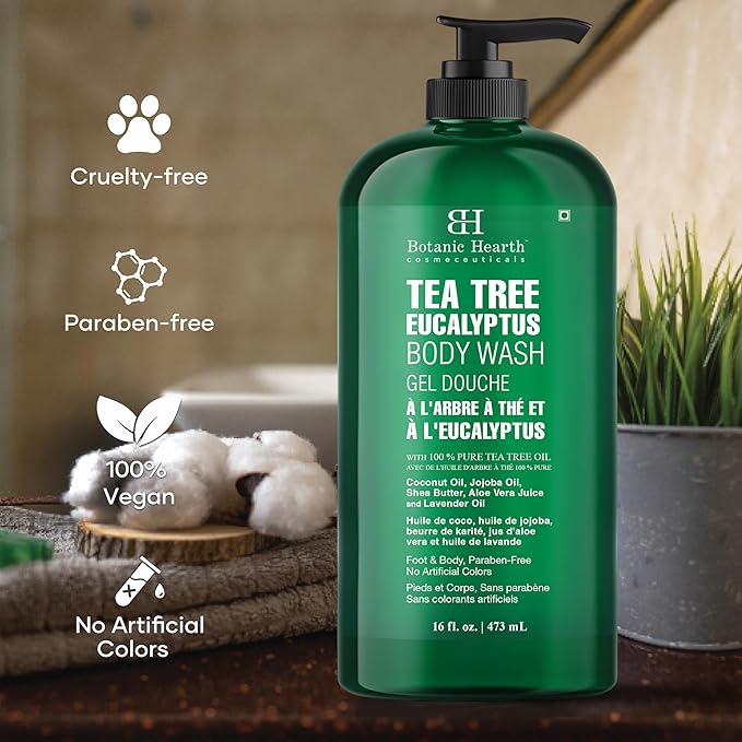 Botanic Hearth Eucalyptus & Tea Tree Body Wash | 16 Fl Oz | Helps Soothe Skin, Refreshing And Invigorating, Cleansing Shower Gel For Men And Women | Sulfate Free, Paraben Free