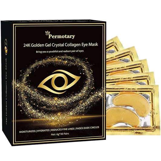 Permotary 30 Pairs 24K Gold Gel Crystal Collagen Eye Pads,Crystal Collagen Under Eye Mask for Moisturizing,Reducing Fine Lines&Dark Circles& Puffy Eyes Under Eye Patch for Women Men, Gold