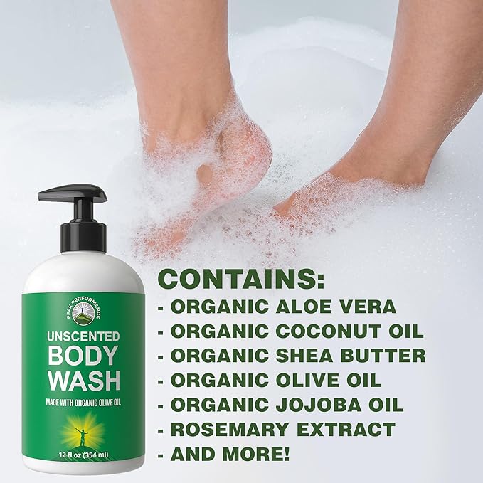 Ultra Pure Unscented Body Wash Made With Organic Ingredients Including Aloe Vera, Olive Oil, Jojoba, Coconut Oil, and Shea Butter. Great For Sensitive Skin. Natural Vegan Body Wash No Toxins