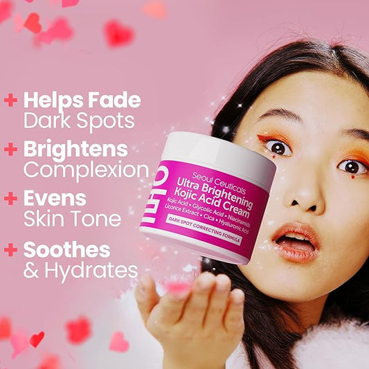 SeoulCeuticals Korean Kojic Acid Cream Dark Spot Remover + Glycolic Acid + Niacinamide + Cica + HA Moisturizer - Cruelty Free K Beauty Skincare 2oz